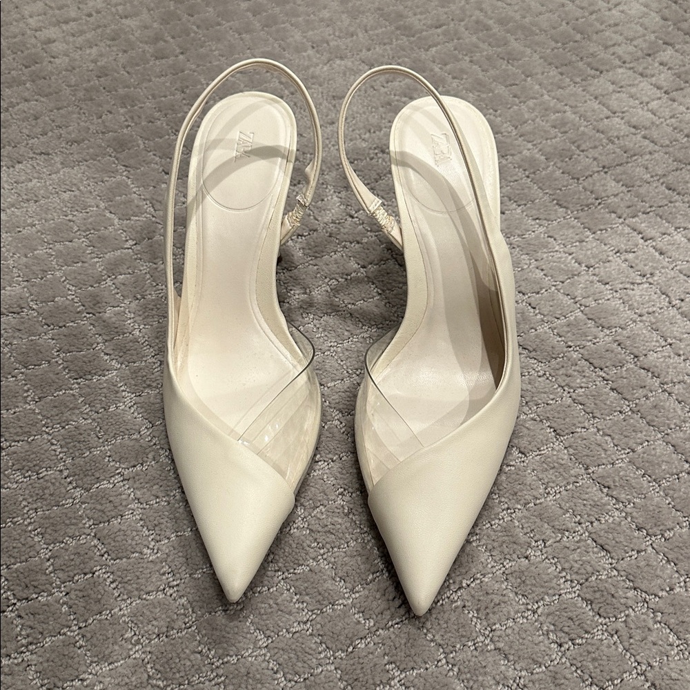 Zara White & Clear Slingback Leather Heels - Size 38